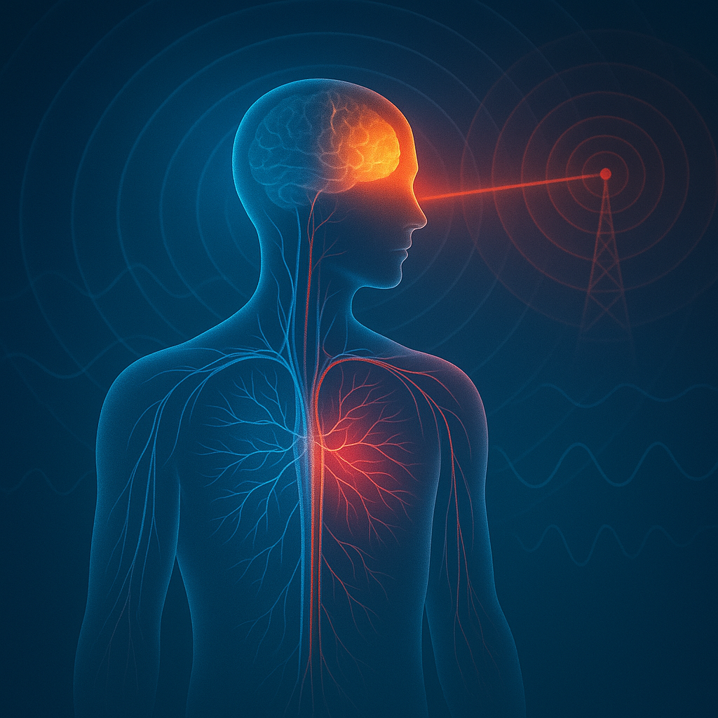 Human figure with glowing nervous system and brain affected by EMF waves from a nearby cell tower, illustrating cognitive impact of electromagnetic exposure.