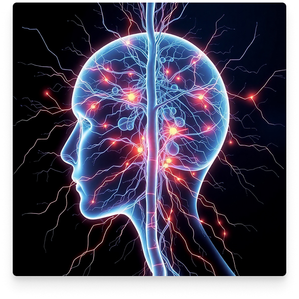 Side profile of a human head illuminated with neural pathways and glowing synapses, symbolizing the brain’s electric energy and connectivity.